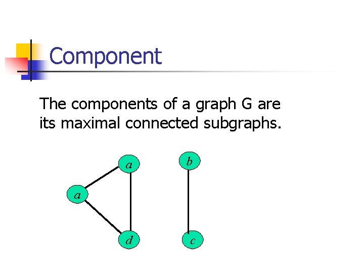 Component The components of a graph G are its maximal connected subgraphs. a b