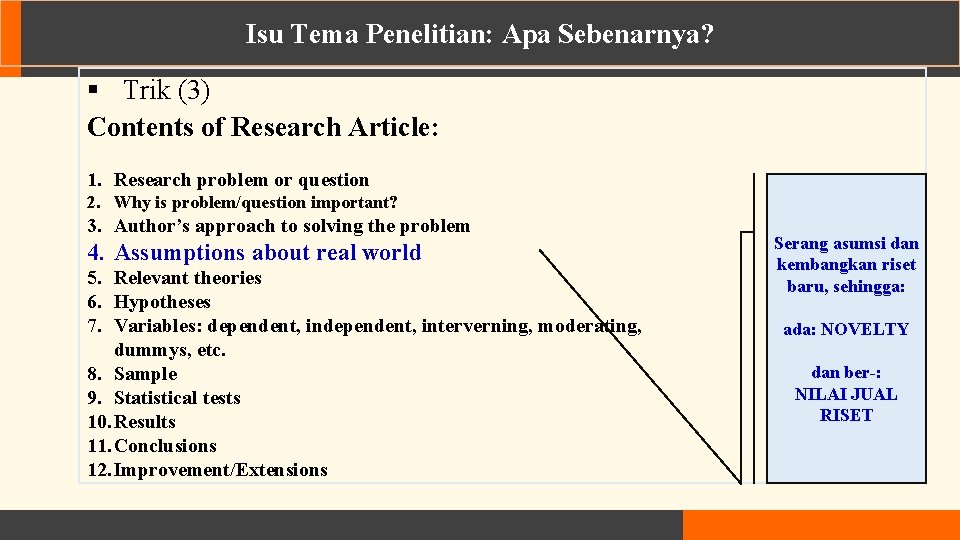 Isu Tema Penelitian: Apa Sebenarnya? § Trik (3) Contents of Research Article: 1. Research