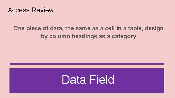 Access Review One piece of data, the same as a cell in a table,