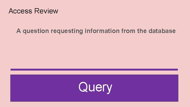 Access Review A question requesting information from the database Query 