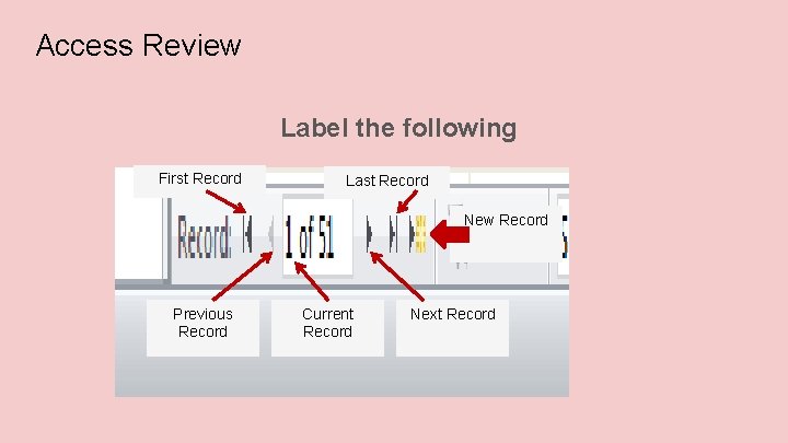 Access Review Label the following First Record Last Record New Record Previous Record Current