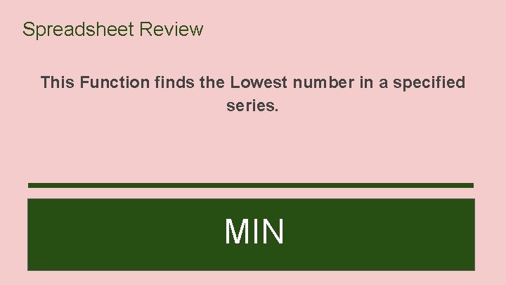 Spreadsheet Review This Function finds the Lowest number in a specified series. MIN 