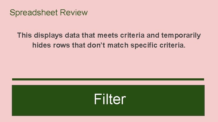Spreadsheet Review This displays data that meets criteria and temporarily hides rows that don’t