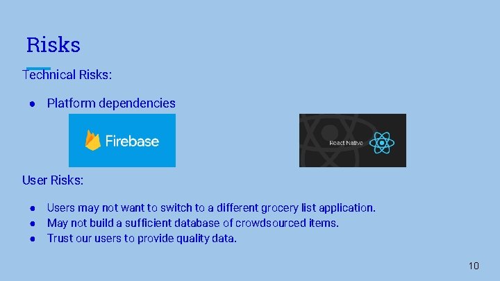 Risks Technical Risks: ● Platform dependencies User Risks: ● Users may not want to