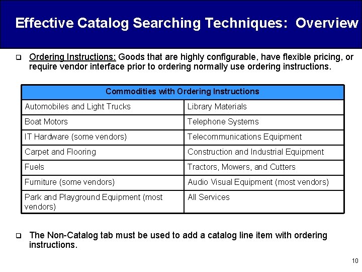 Effective Catalog Searching Techniques: Overview q Ordering Instructions: Goods that are highly configurable, have