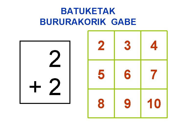 BATUKETAK BURURAKORIK GABE 2 +2 2 3 4 5 6 7 8 9 10