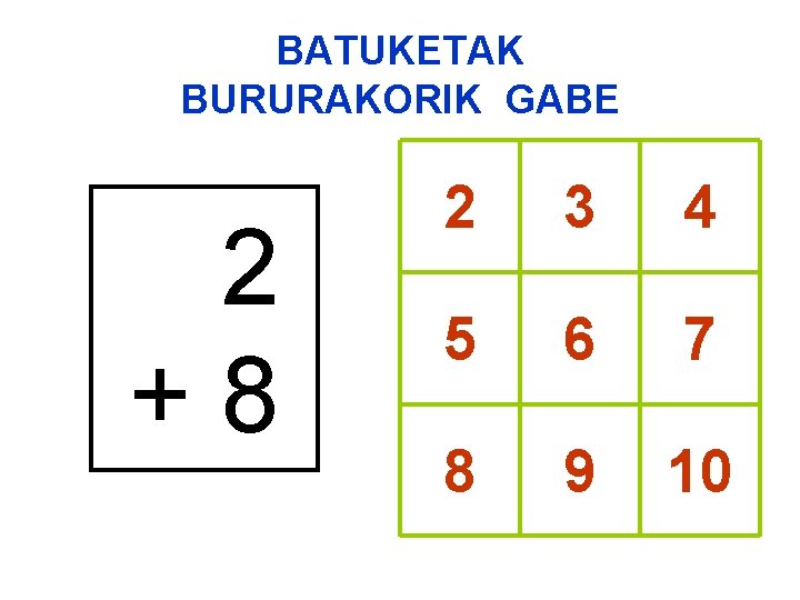 BATUKETAK BURURAKORIK GABE 2 +8 2 3 4 5 6 7 8 9 10