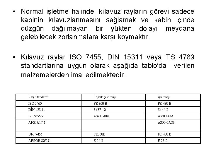  • Normal işletme halinde, kılavuz rayların görevi sadece kabinin kılavuzlanmasını sağlamak ve kabin