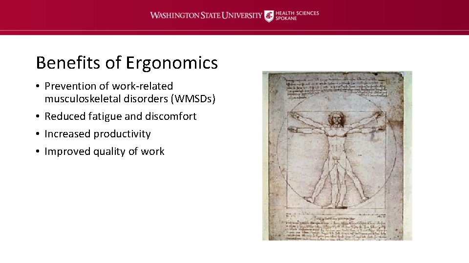 Benefits of Ergonomics • Prevention of work-related musculoskeletal disorders (WMSDs) • Reduced fatigue and