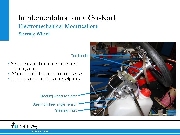 Implementation on a Go-Kart Electromechanical Modifications Steering Wheel Toe handle • Absolute magnetic encoder