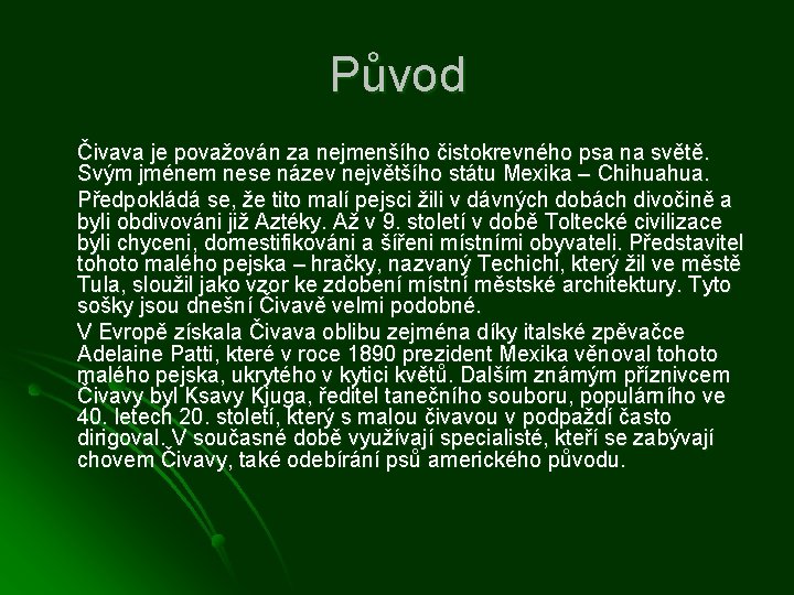 Původ Čivava je považován za nejmenšího čistokrevného psa na světě. Svým jménem nese název