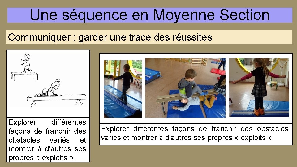 Une séquence en Moyenne Section Communiquer : garder une trace des réussites Explorer différentes
