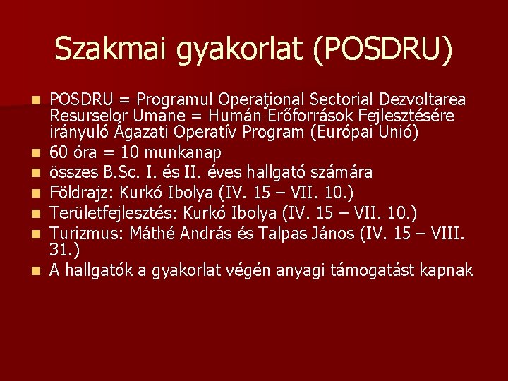Szakmai gyakorlat (POSDRU) n n n n POSDRU = Programul Operaţional Sectorial Dezvoltarea Resurselor