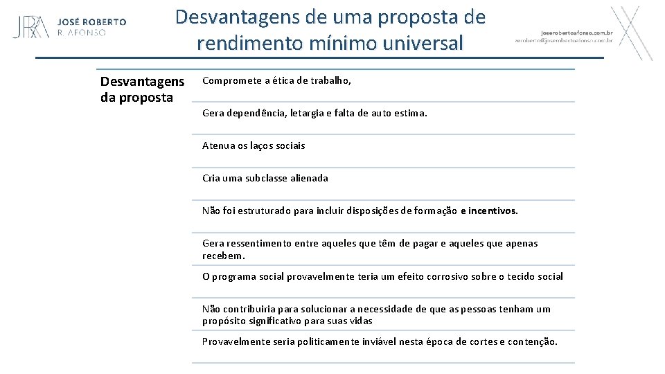 Desvantagens de uma proposta de rendimento mínimo universal Desvantagens da proposta Compromete a ética