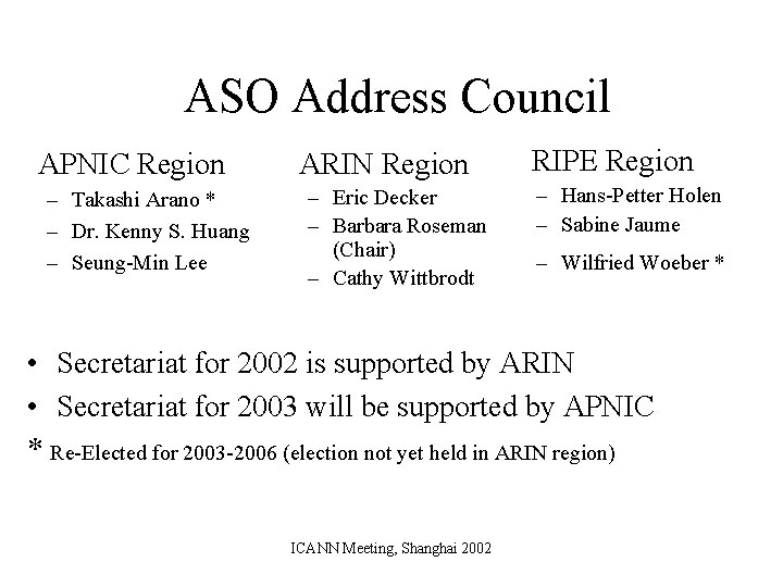 ASO Address Council APNIC Region – Takashi Arano * – Dr. Kenny S. Huang