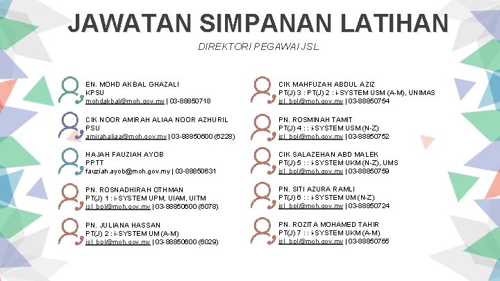 JAWATAN SIMPANAN LATIHAN DIREKTORI PEGAWAI JSL EN. MOHD AKBAL GHAZALI KPSU mohdakbal@moh. gov. my