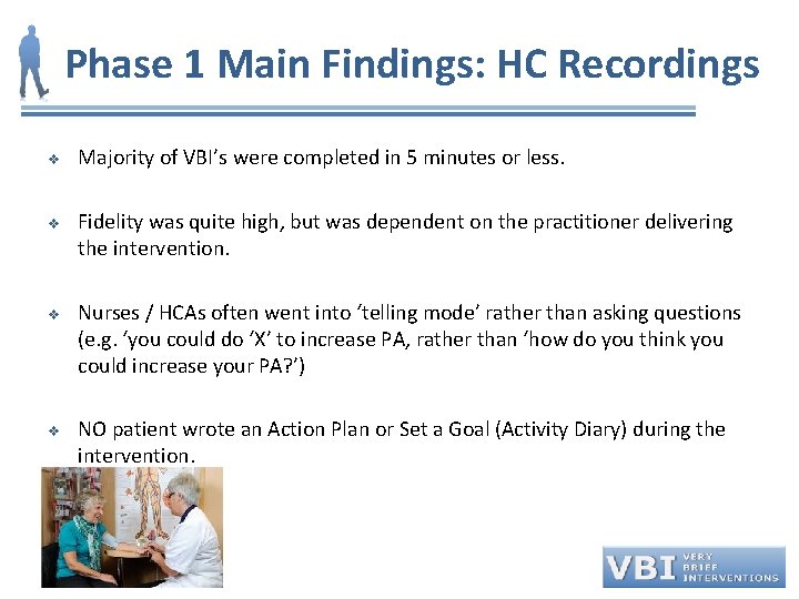 Phase 1 Main Findings: HC Recordings v v Majority of VBI’s were completed in