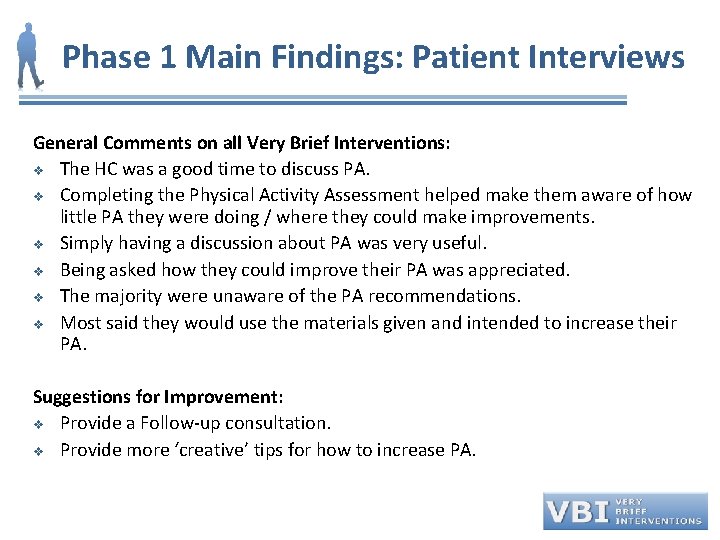 Phase 1 Main Findings: Patient Interviews General Comments on all Very Brief Interventions: v