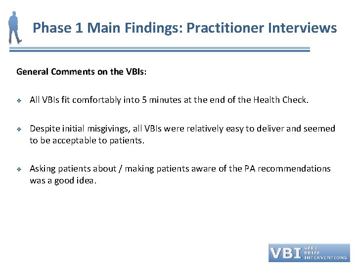 Phase 1 Main Findings: Practitioner Interviews General Comments on the VBIs: v v v