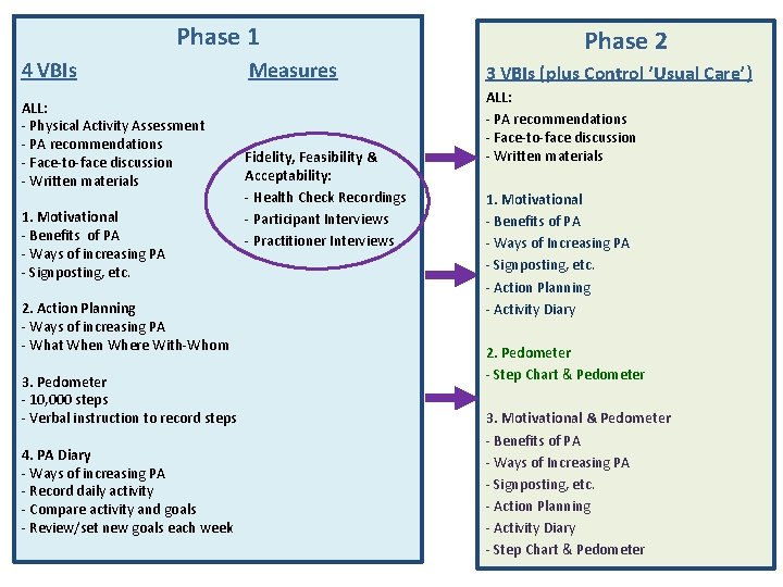 Phase 1 4 VBIs ALL: - Physical Activity Assessment - PA recommendations - Face-to-face