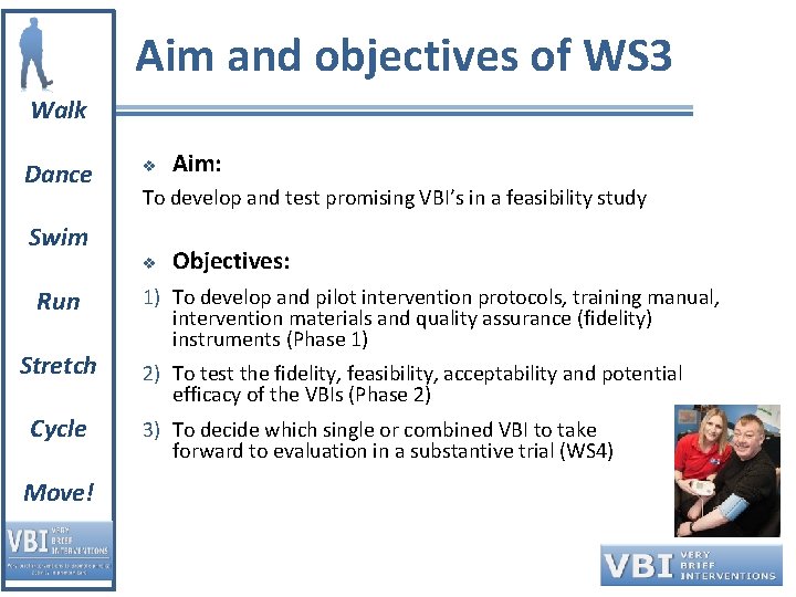 Aim and objectives of WS 3 Walk Dance v To develop and test promising