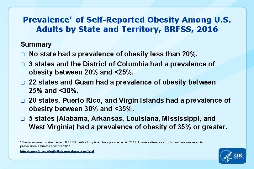 Prevalence¶ of Self-Reported Obesity Among U. S. Adults by State and Territory, BRFSS, 2016