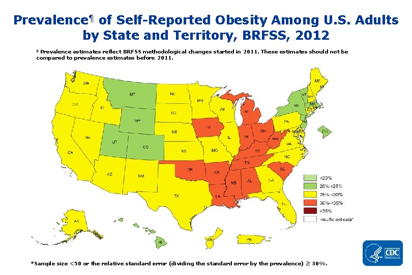 Prevalence¶ of Self-Reported Obesity Among U. S. Adults by State and Territory, BRFSS, 2012