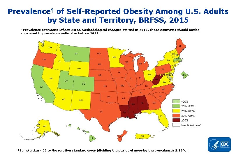 Prevalence¶ of Self-Reported Obesity Among U. S. Adults by State and Territory, BRFSS, 2015