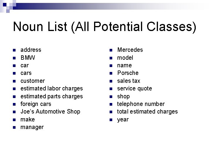 Noun List (All Potential Classes) n n n address BMW cars customer estimated labor