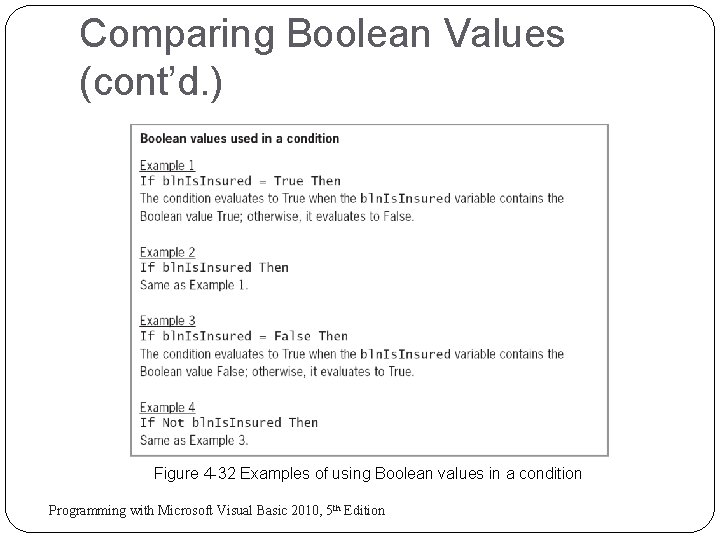 Comparing Boolean Values (cont’d. ) Figure 4 -32 Examples of using Boolean values in Comparing Boolean Values (cont’d. ) Figure 4 -32 Examples of using Boolean values in