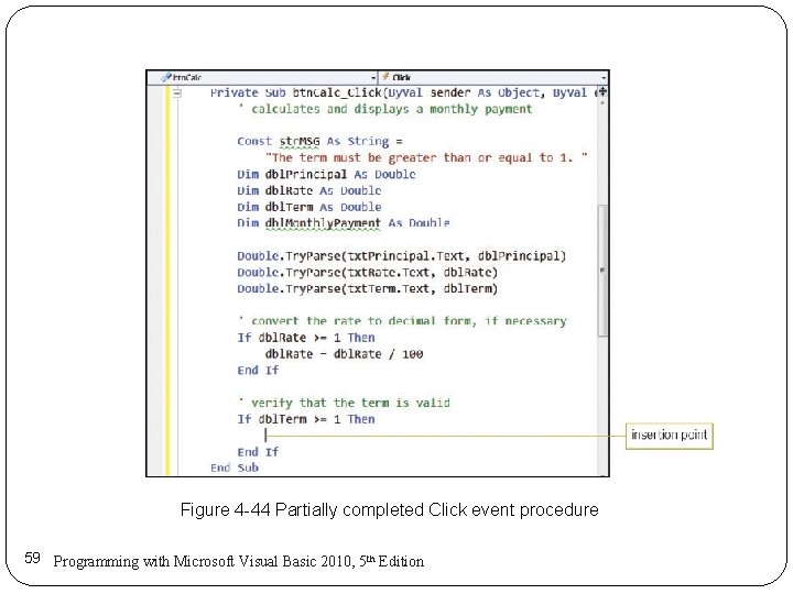 Figure 4 -44 Partially completed Click event procedure 59 Programming with Microsoft Visual Basic Figure 4 -44 Partially completed Click event procedure 59 Programming with Microsoft Visual Basic