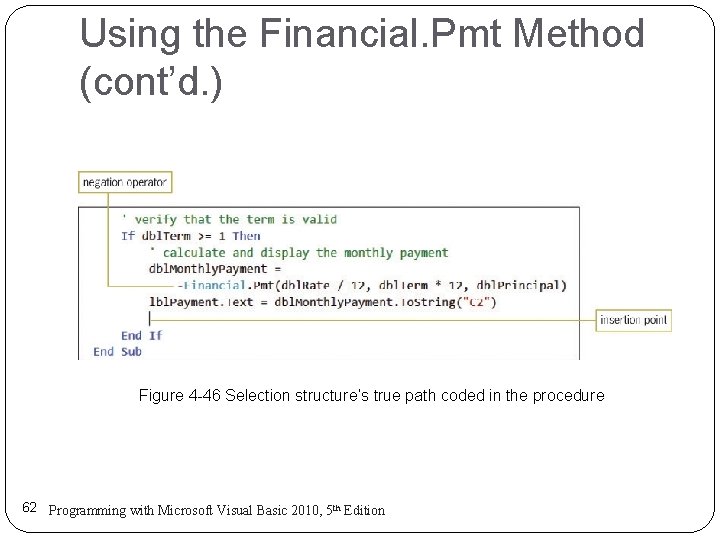 Using the Financial. Pmt Method (cont’d. ) Figure 4 -46 Selection structure’s true path Using the Financial. Pmt Method (cont’d. ) Figure 4 -46 Selection structure’s true path