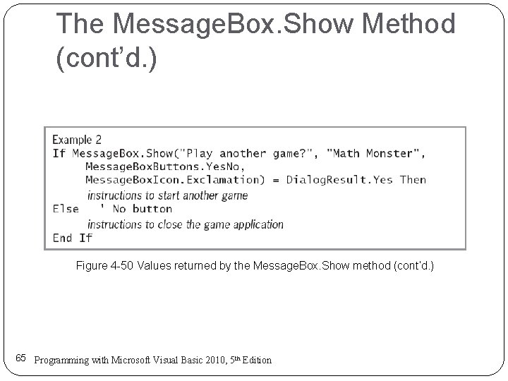 The Message. Box. Show Method (cont’d. ) Figure 4 -50 Values returned by the The Message. Box. Show Method (cont’d. ) Figure 4 -50 Values returned by the