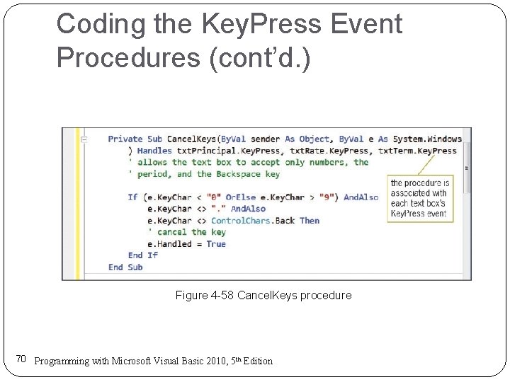 Coding the Key. Press Event Procedures (cont’d. ) Figure 4 -58 Cancel. Keys procedure Coding the Key. Press Event Procedures (cont’d. ) Figure 4 -58 Cancel. Keys procedure