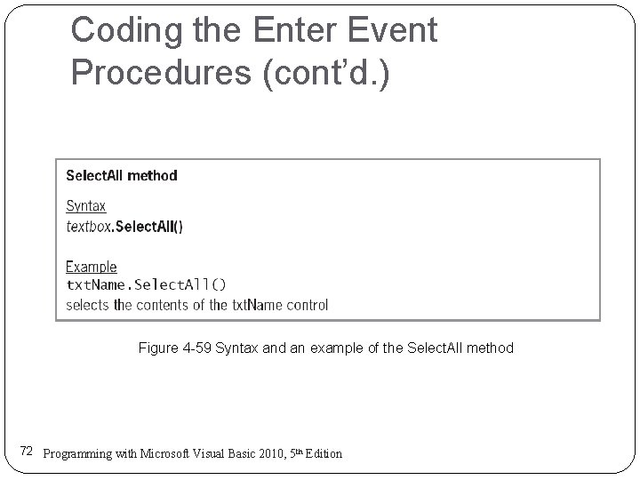 Coding the Enter Event Procedures (cont’d. ) Figure 4 -59 Syntax and an example Coding the Enter Event Procedures (cont’d. ) Figure 4 -59 Syntax and an example