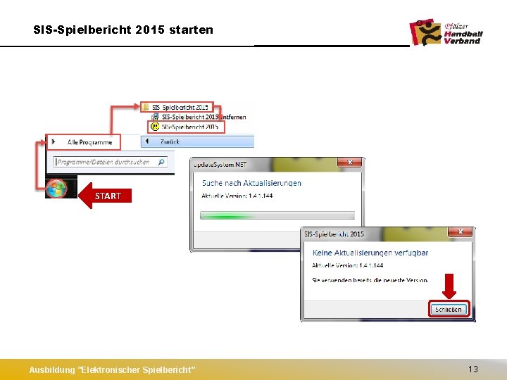 SIS-Spielbericht 2015 starten START Ausbildung "Elektronischer Spielbericht" 13 