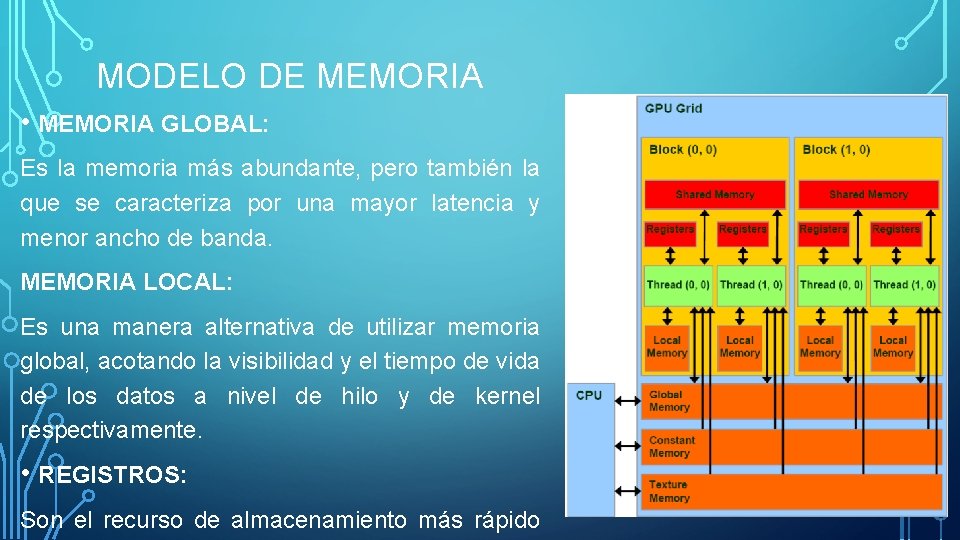 MODELO DE MEMORIA • MEMORIA GLOBAL: Es la memoria más abundante, pero también la