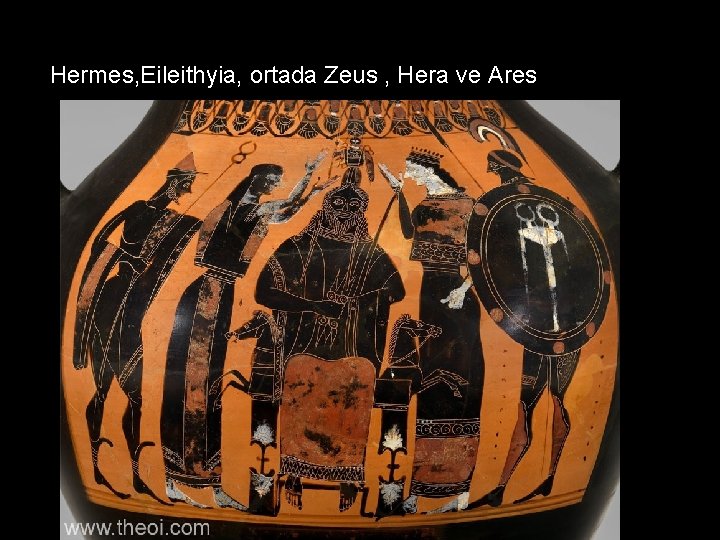 Hermes, Eileithyia, ortada Zeus , Hera ve Ares. 