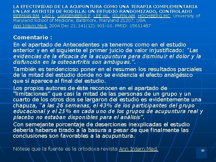 LA EFECTIVIDAD DE LA ACUPUNTURA COMO UNA TERAPIA COMPLEMENTARIA EN LAS ARTRITIS DE RODILLA: