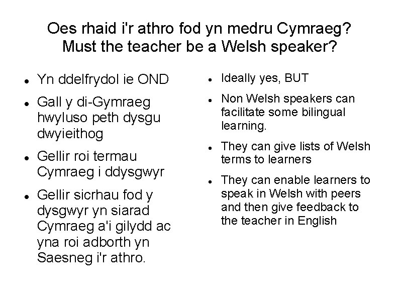 Oes rhaid i'r athro fod yn medru Cymraeg? Must the teacher be a Welsh