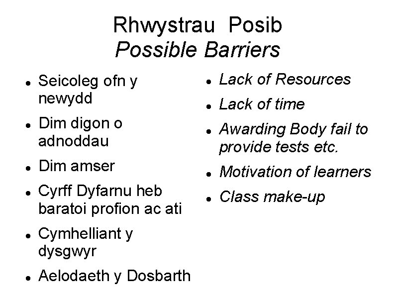 Rhwystrau Posib Possible Barriers Seicoleg ofn y newydd Dim digon o adnoddau Dim amser