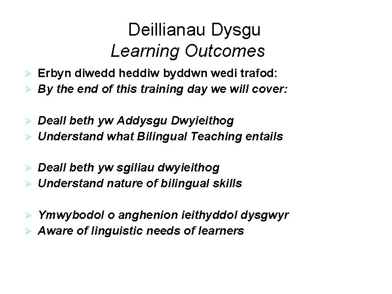 Deillianau Dysgu Learning Outcomesmes Erbyn diwedd heddiw byddwn wedi trafod: By the end of