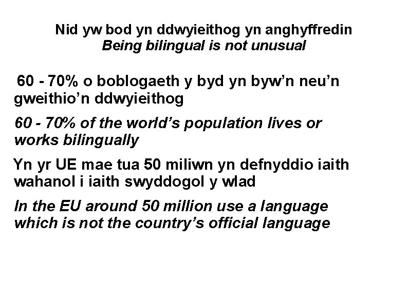 Nid yw bod yn ddwyieithog yn anghyffredin Being bilingual is not unusual 60 -