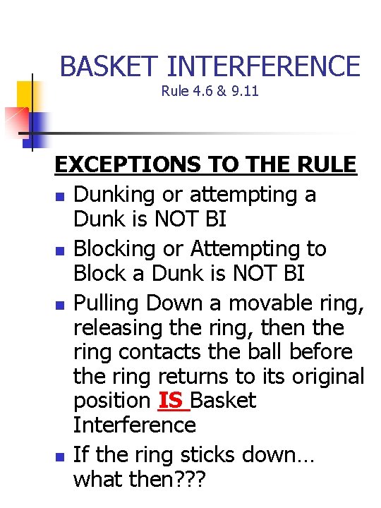 BASKET INTERFERENCE Rule 4. 6 & 9. 11 EXCEPTIONS TO THE RULE n Dunking