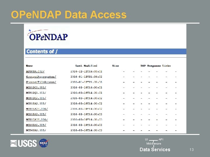 OPe. NDAP Data Access UI API Middleware Data Services 13 