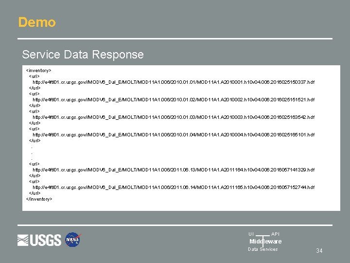 Demo Service Data Response <inventory> <url> http: //e 4 ftl 01. cr. usgs. gov//MODV