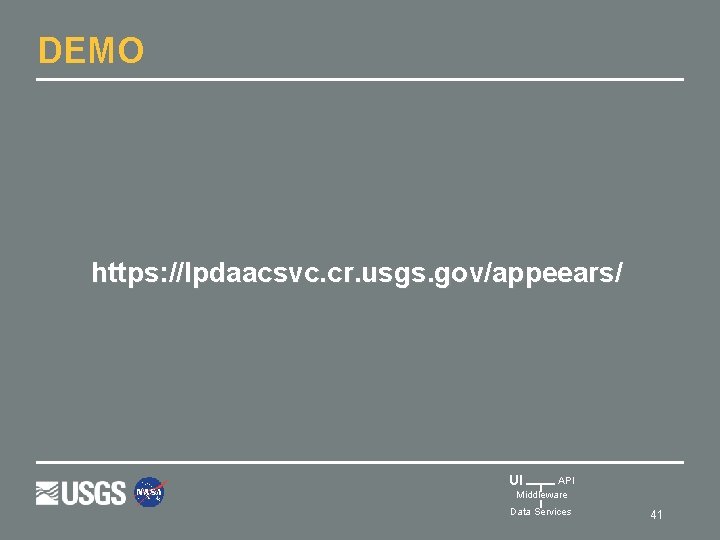 DEMO https: //lpdaacsvc. cr. usgs. gov/appeears/ UI API Middleware Data Services 41 