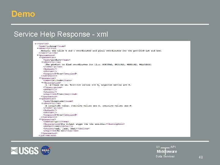 Demo Service Help Response - xml UI API Middleware Data Services 48 