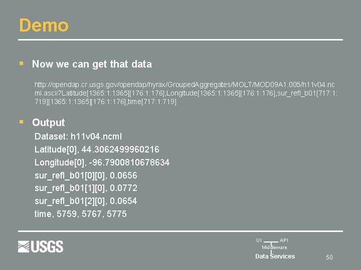 Demo § Now we can get that data http: //opendap. cr. usgs. gov/opendap/hyrax/Grouped. Aggregates/MOLT/MOD