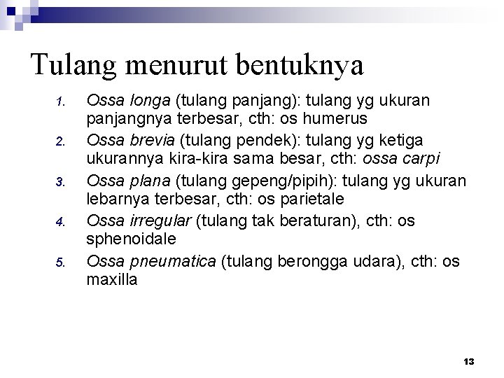 Tulang menurut bentuknya 1. 2. 3. 4. 5. Ossa longa (tulang panjang): tulang yg